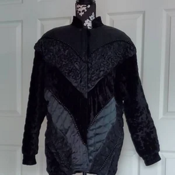 80s Vintage JA Resort Velvet Quilted Panel Patchwork Coat Black 1X - Picture 9 of 9